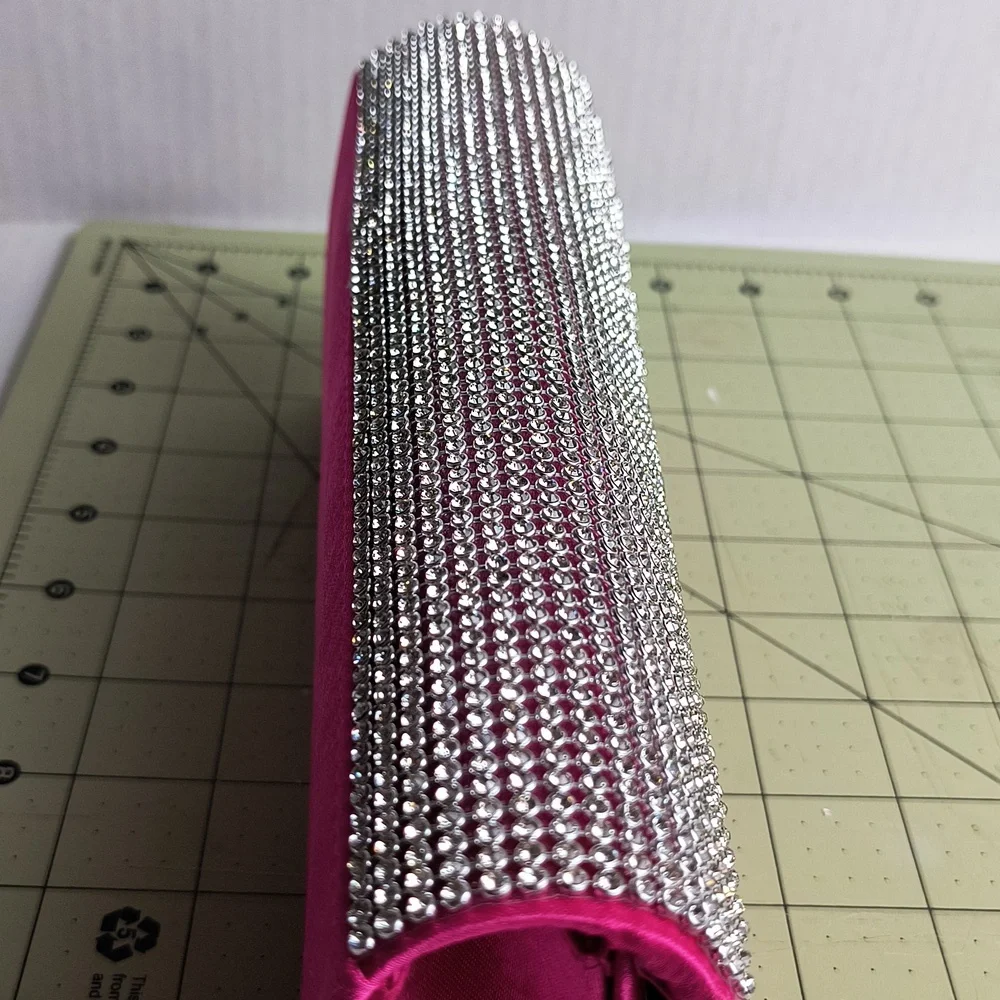 Satin Clutch Bag Faux Rhinestone Plaited Hot Pink Metal Strap Cocktail Party